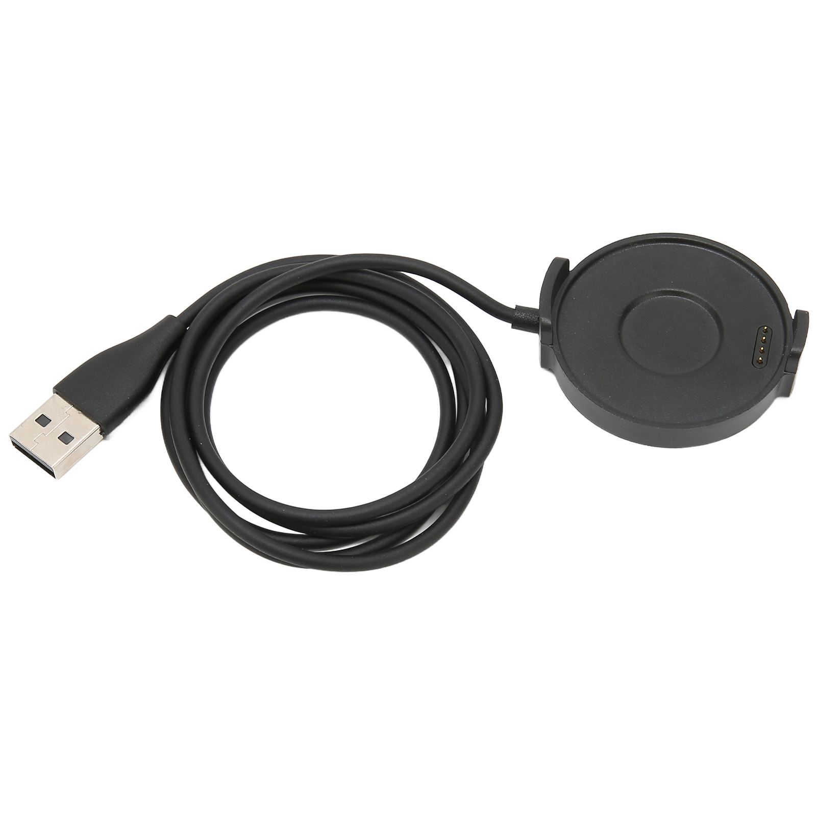 Ein schwarzes Smartwatch-Ladekabel mit einem Standard-USB-A-Stecker an einem Ende und einer runden Magnethalterung am anderen.