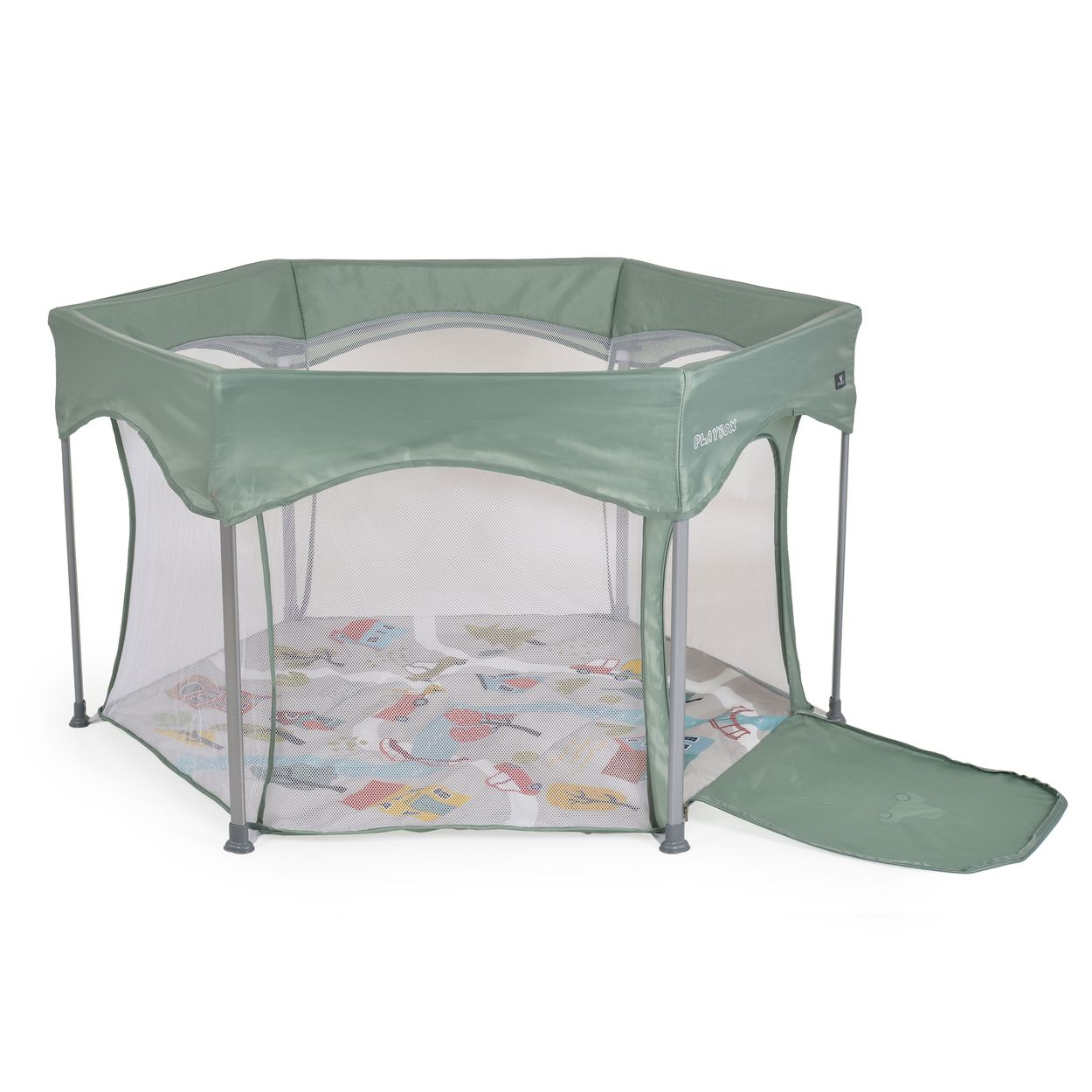 Grünes Baby-Laufgitter mit Mesh-Seitenwänden und einer bedruckten Spielmatte auf dem Boden.