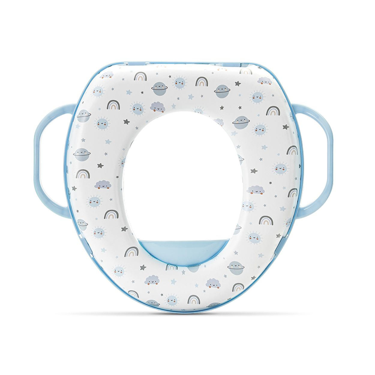 Blauer Kinder-Toilettensitz mit Griffen und einem Muster aus Sonne, Mond und Sternen auf weißem Hintergrund.