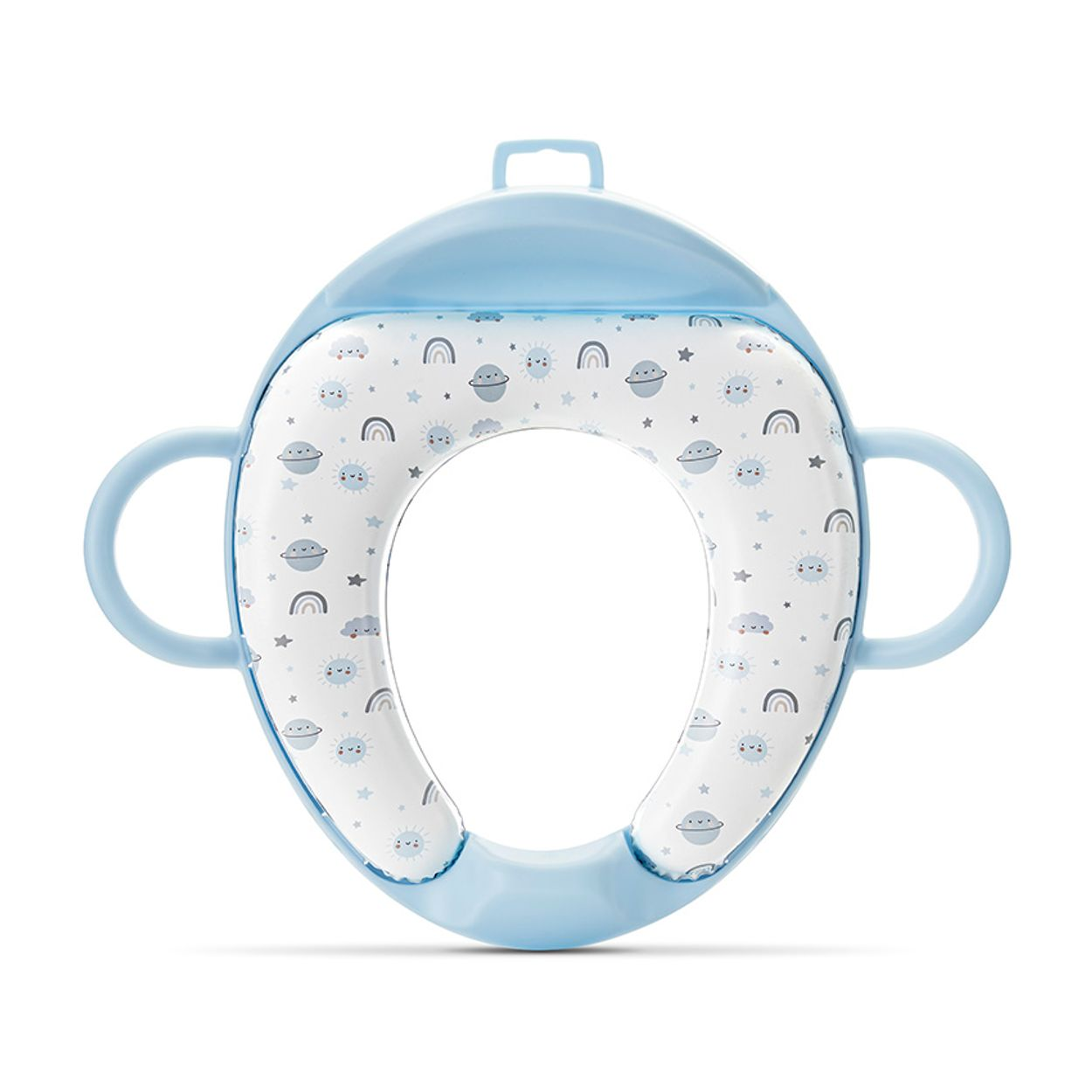 Hellblauer Baby-Toilettensitz mit Griffen und einem Muster aus Wolken, Planeten, Sonnen und Regenbögen.