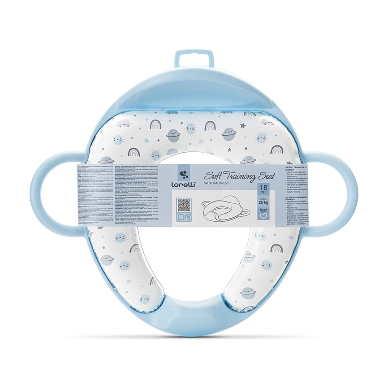 Ein blauer Soft-Toilettensitz mit Haltegriffen und niedlichem Wolken- und Planetenmuster.