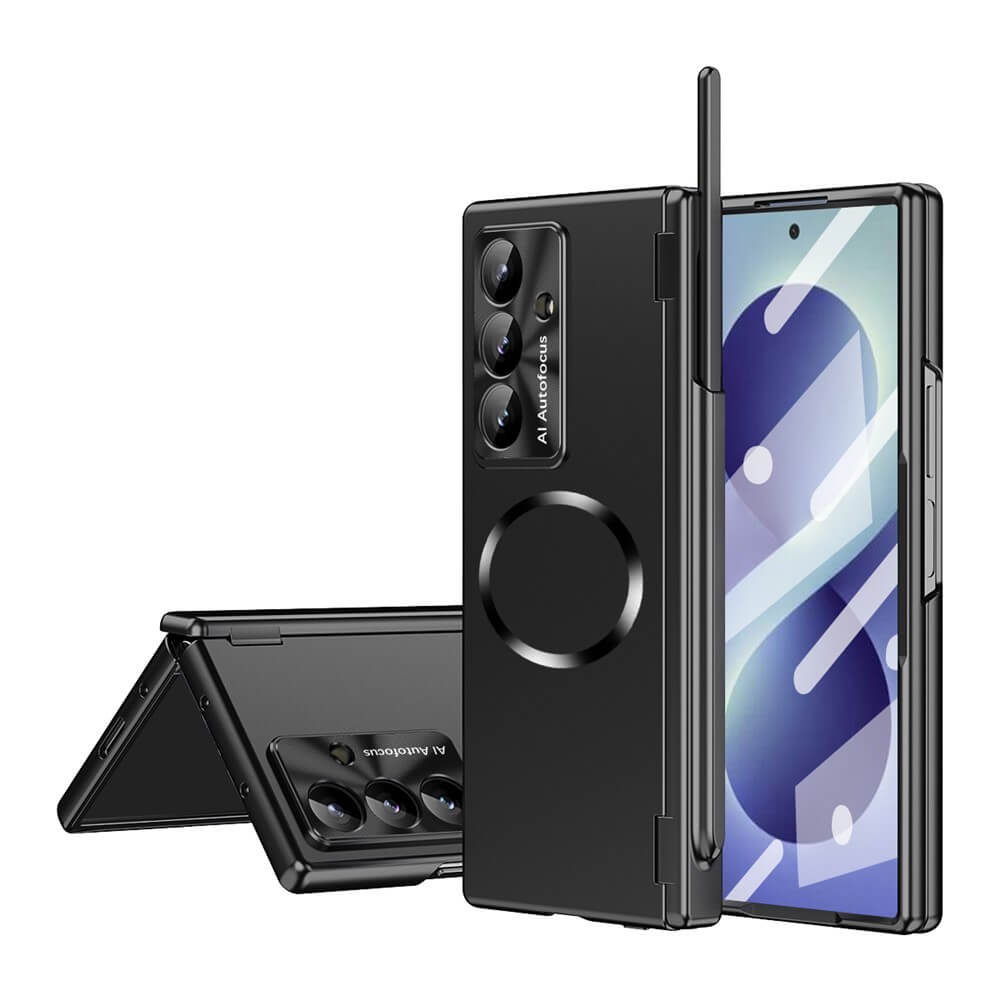 Ein schwarzes faltbares Smartphone in einer Hülle mit Eingabestift, auf weißem Hintergrund.