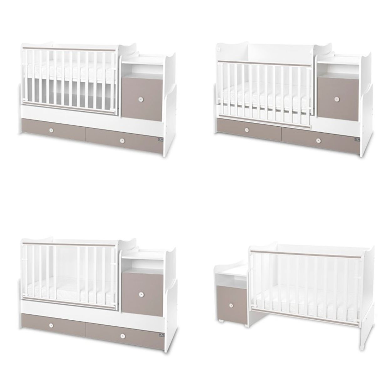 Vier Ansichten eines weiß-grauen Kombi-Babybetts mit Wickelkommode und Schubladen.
