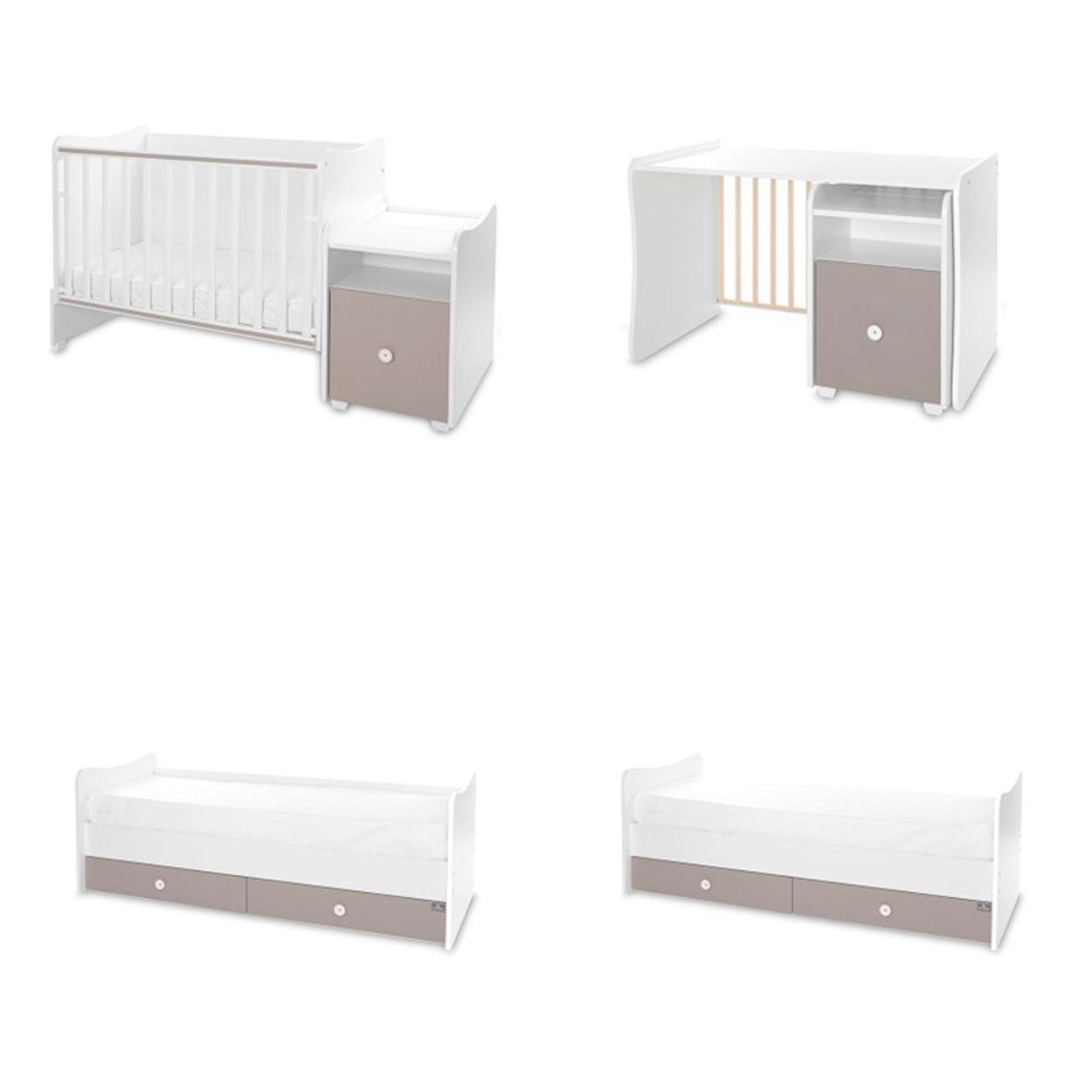 Verwandelbares weißes Babybett und Schreibtisch mit grauen Schubladen auf weißem Grund.