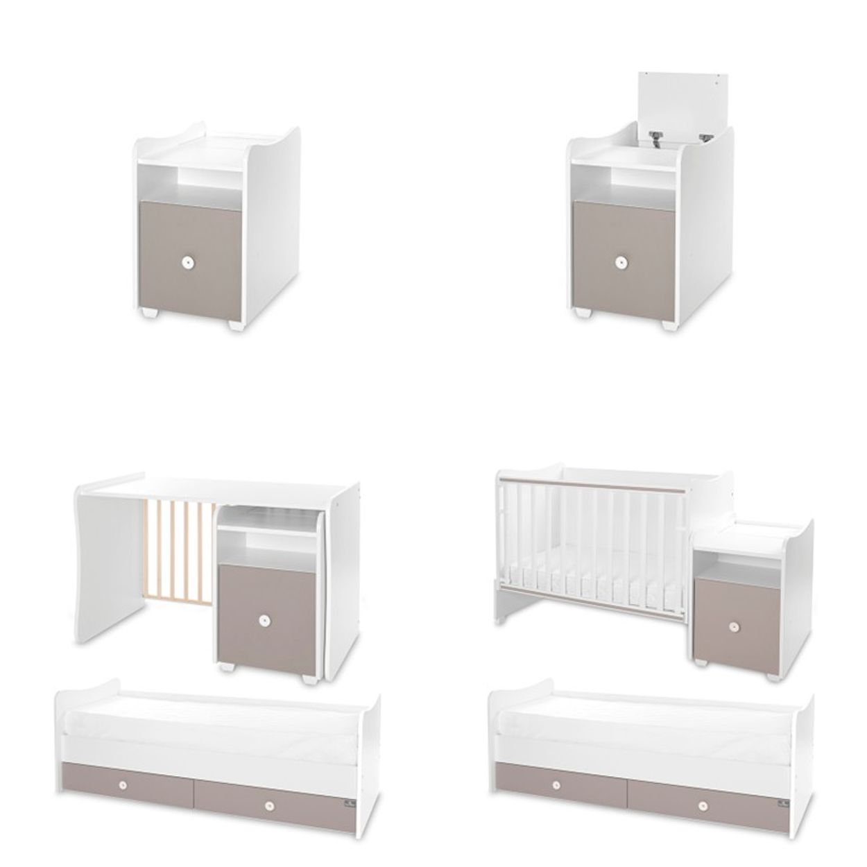 Modulare weiße und graue Kindermöbel, wandelbar von Kommode bis Kinderbett.