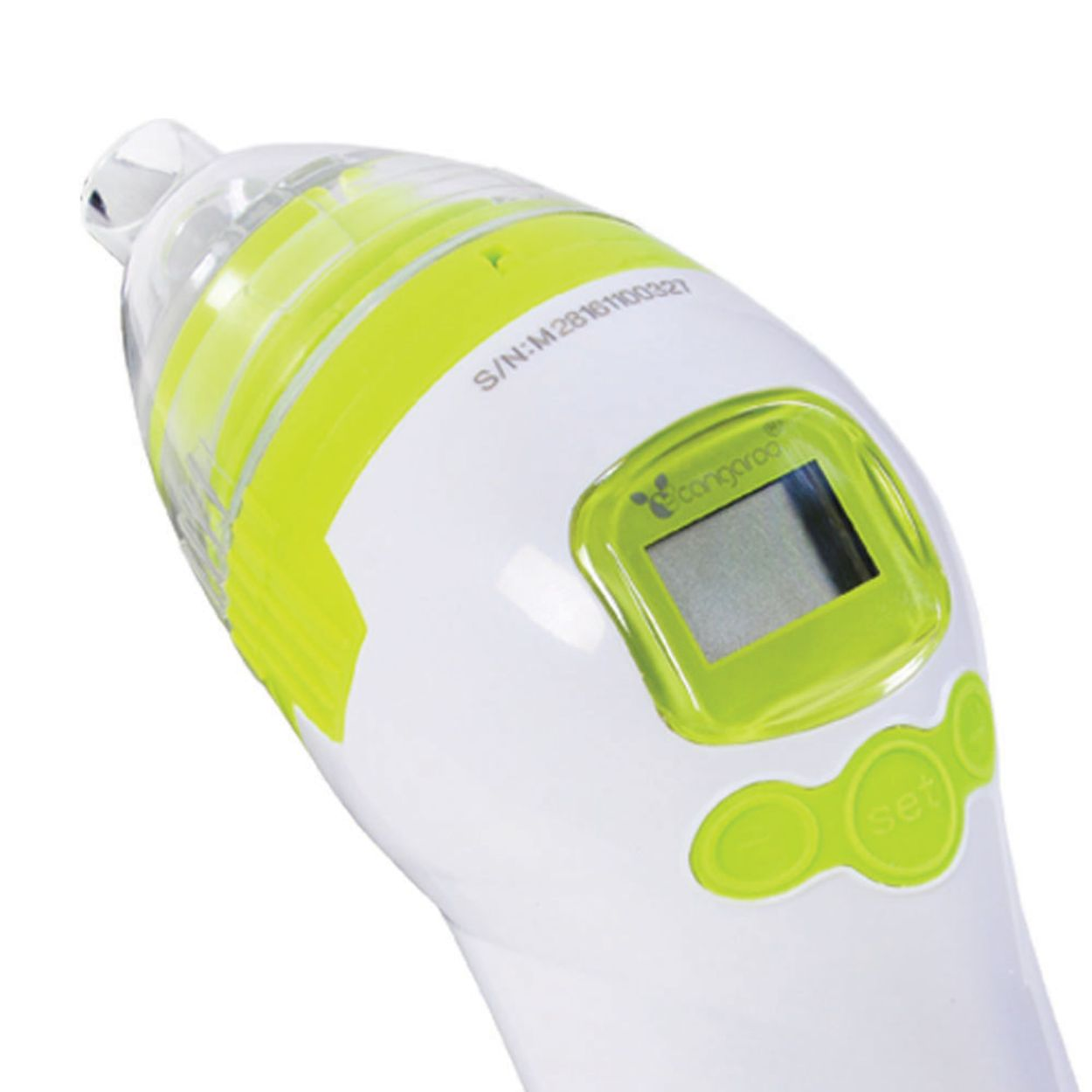 Ein weiß-gr üner elektrischer Nasensauger mit Display und Knöpfen.