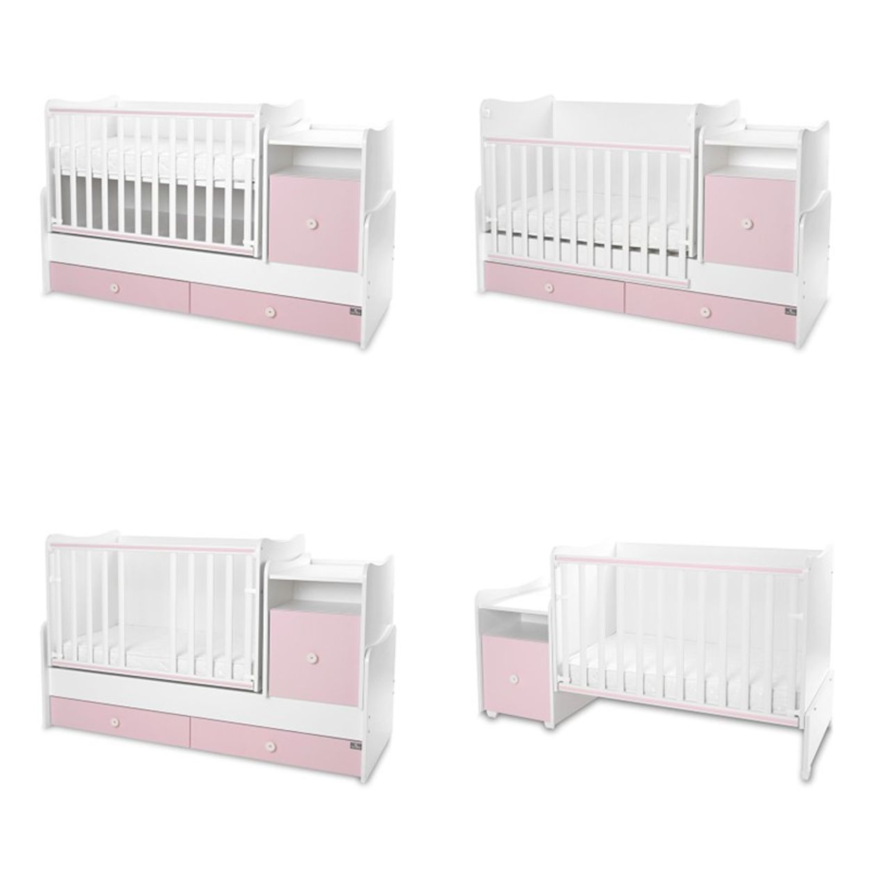 Weiß-rosa Babybett mit Wickeltisch und Schubladen in vier verschiedenen Konfigurationen.