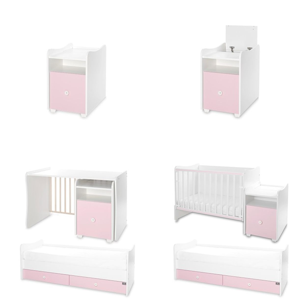 Wandelbares Kinderbett in Weiß und Rosa mit Schubladen und Wickelkommode.