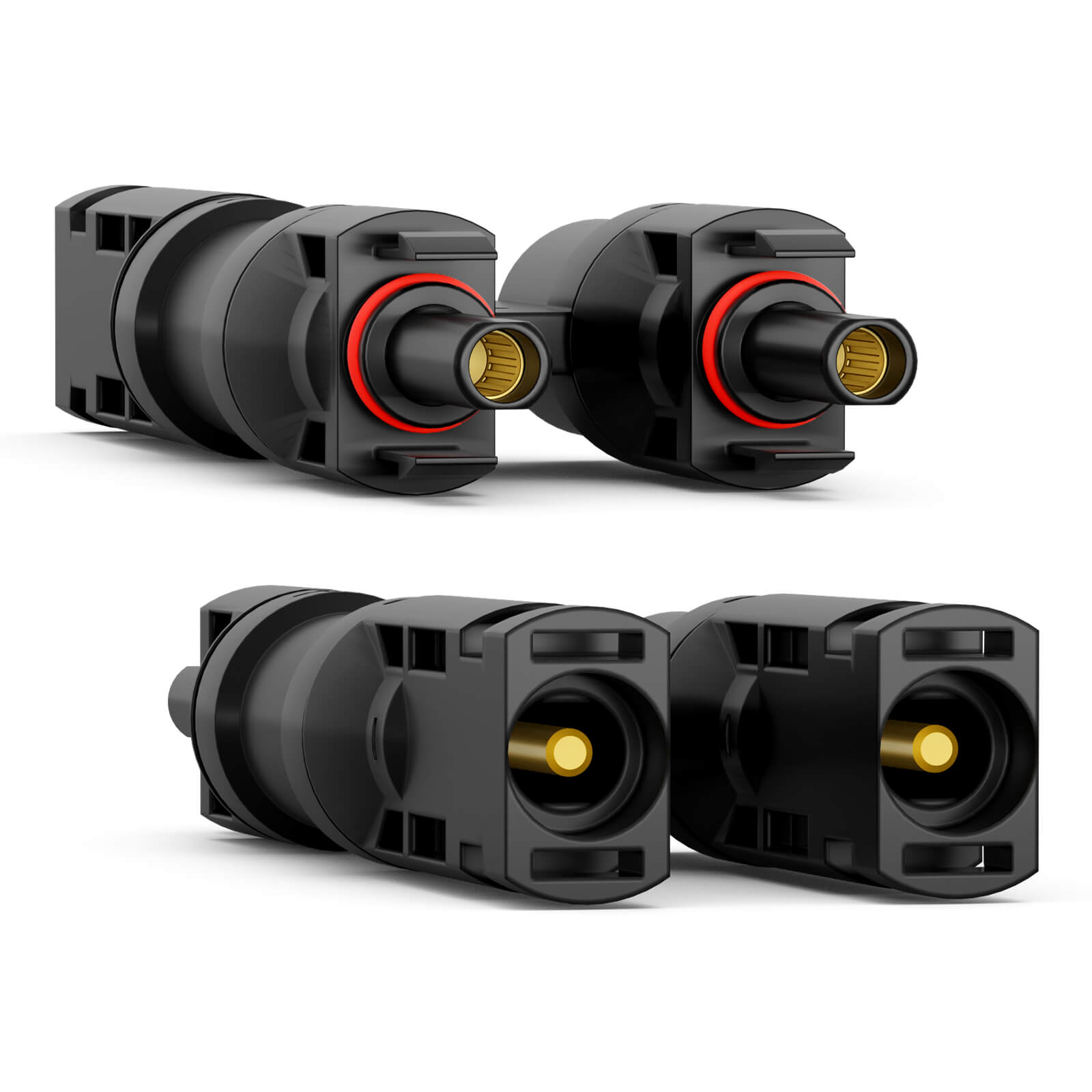 Vier schwarze Solarstecker mit goldenen Kontakten und roten Dichtringen auf weißem Hintergrund.