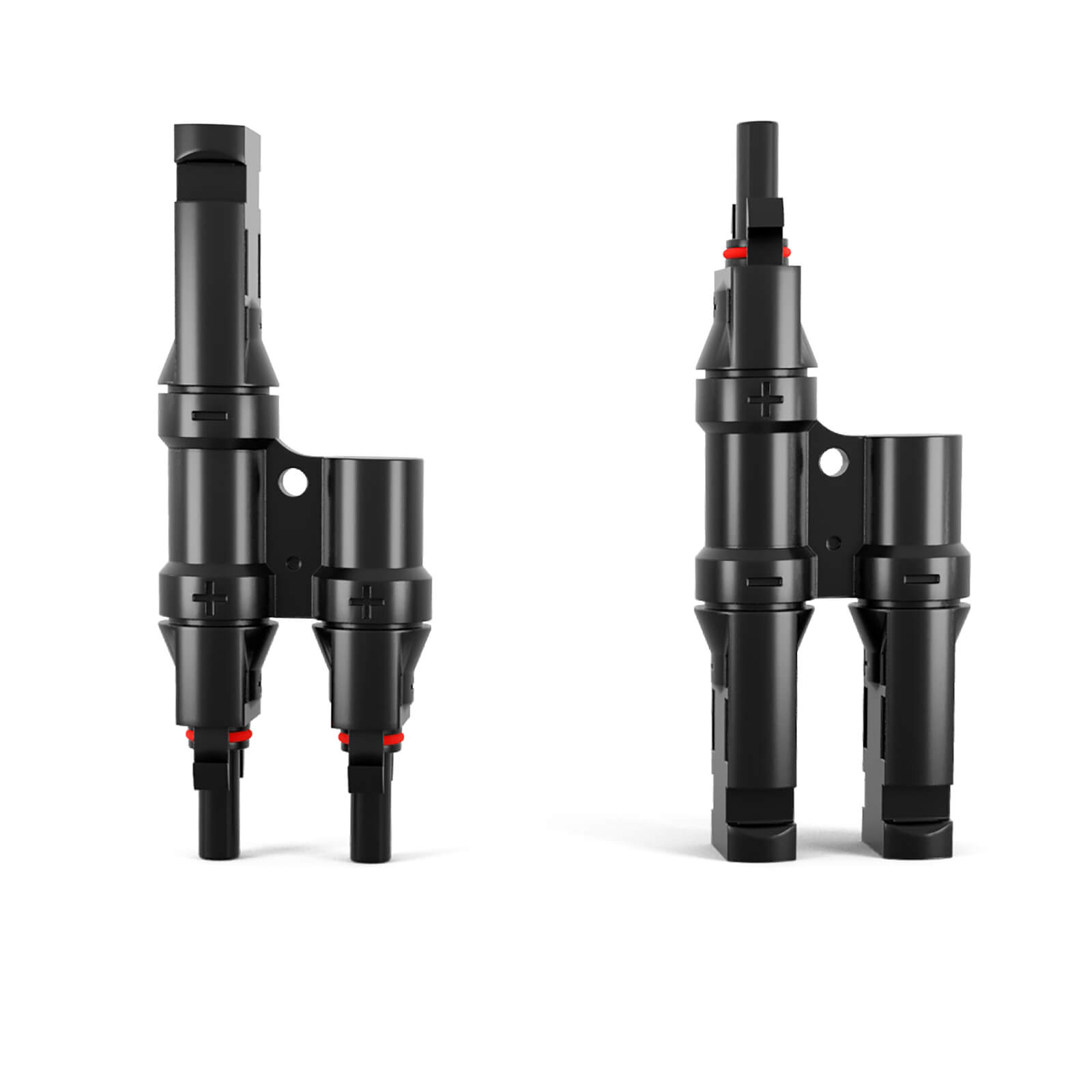Zwei schwarze Kunststoff-Solarstecker mit roten Dichtringen auf weißem Grund.