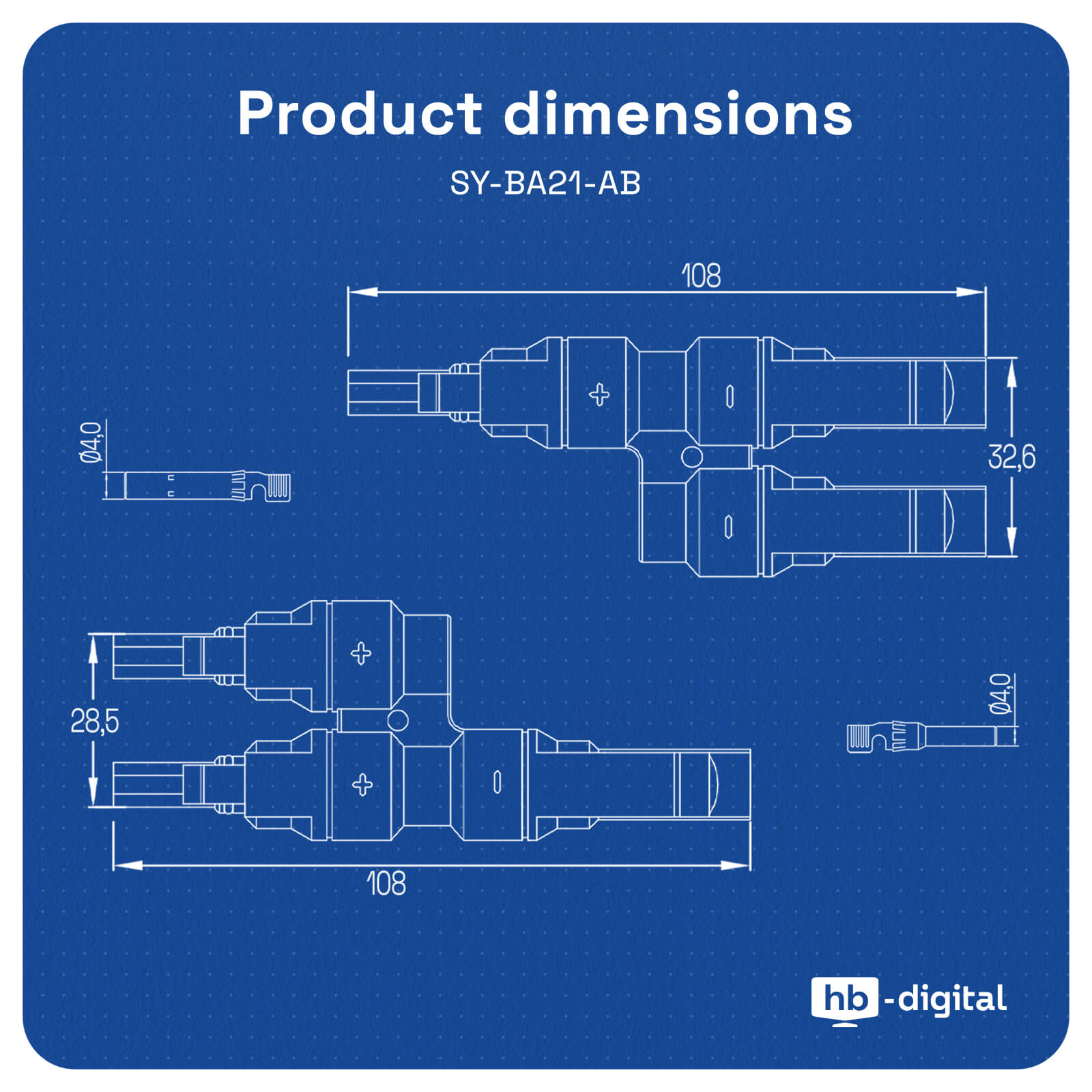 Technische Zeichnung der Produktabmessungen für Modell SY-BA21-AB mit Maßen auf blauem Hintergrund.