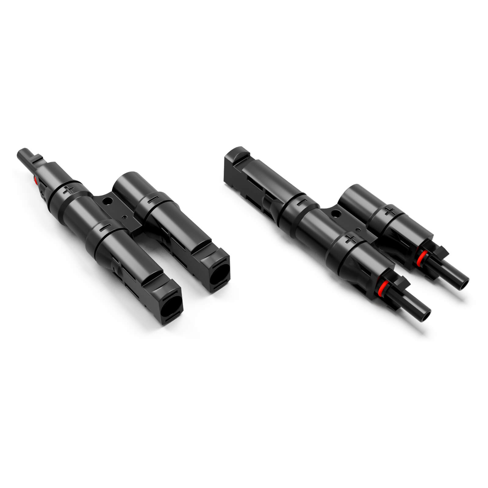 Zwei schwarze Y-Solarstecker auf weißem Hintergrund.