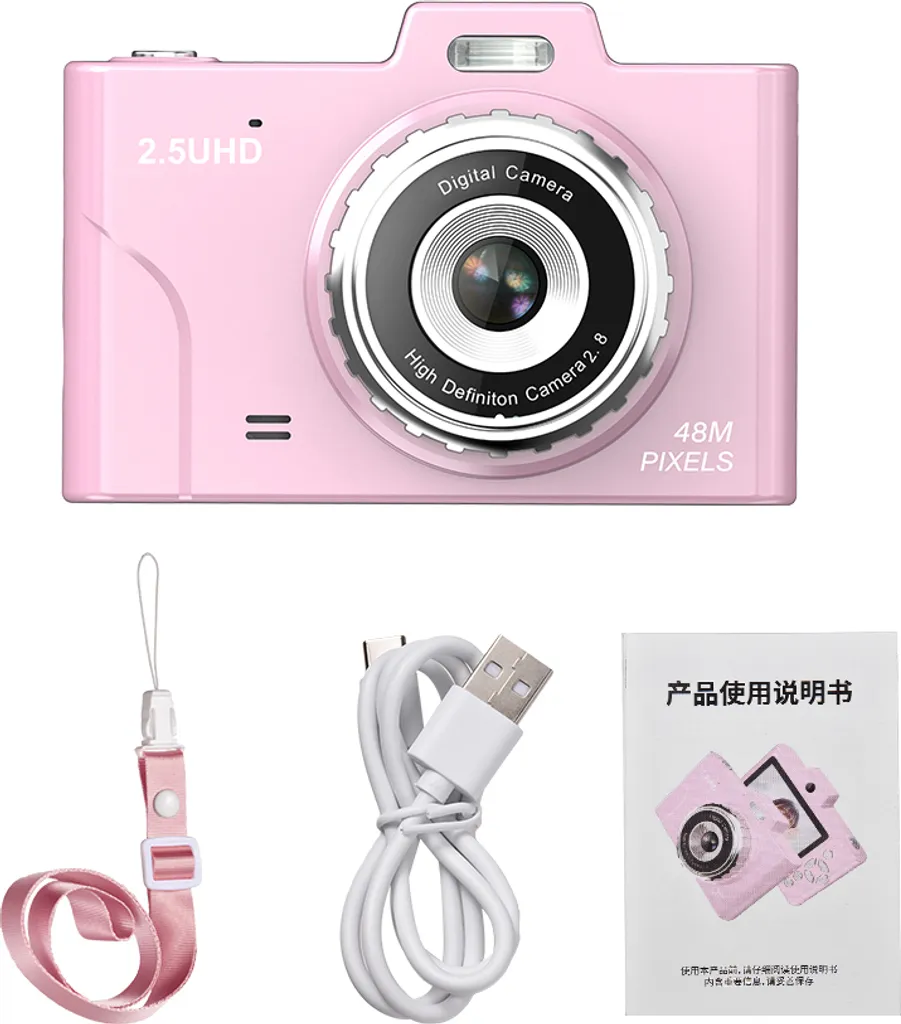 Eine pinke Digitalkamera mit Trageband, USB-Kabel und Bedienungsanleitung auf weißem Hintergrund.