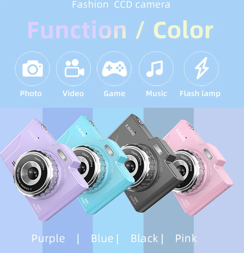 Vier kleine Digitalkameras in Lila, Blau, Schwarz und Pink auf blauem Hintergrund mit Funktionen wie Foto, Video und Spiel.