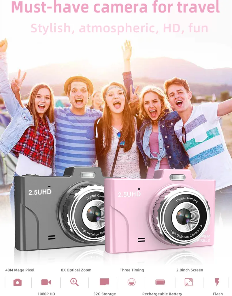 Fünf glückliche Freunde feiern im Freien mit einer grauen und einer rosa Digitalkamera im Vordergrund.