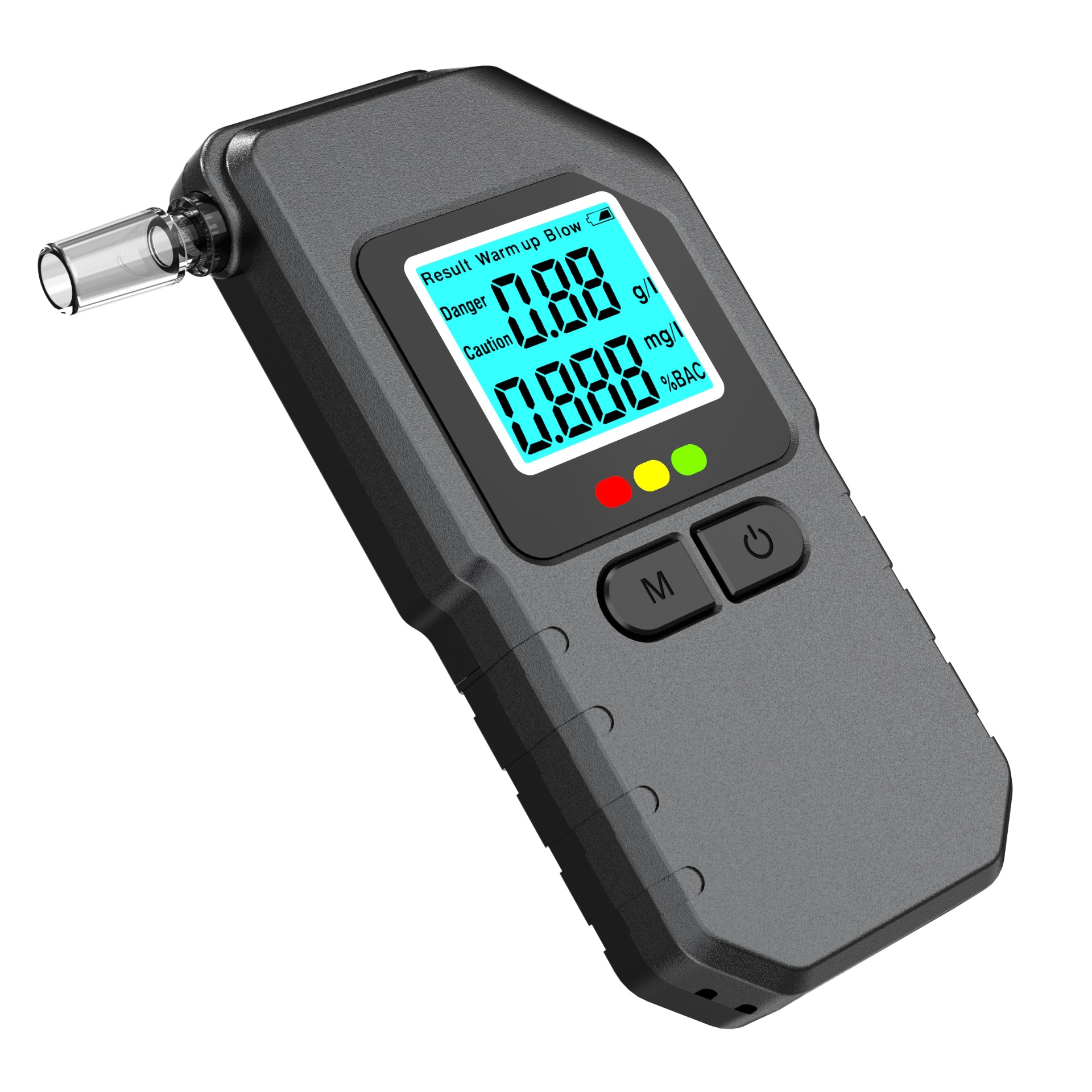 Ein schwarzer Atemalkoholtester mit blauem Display, klarem Mundstück und zwei Funktionstasten vor weißem Hintergrund.