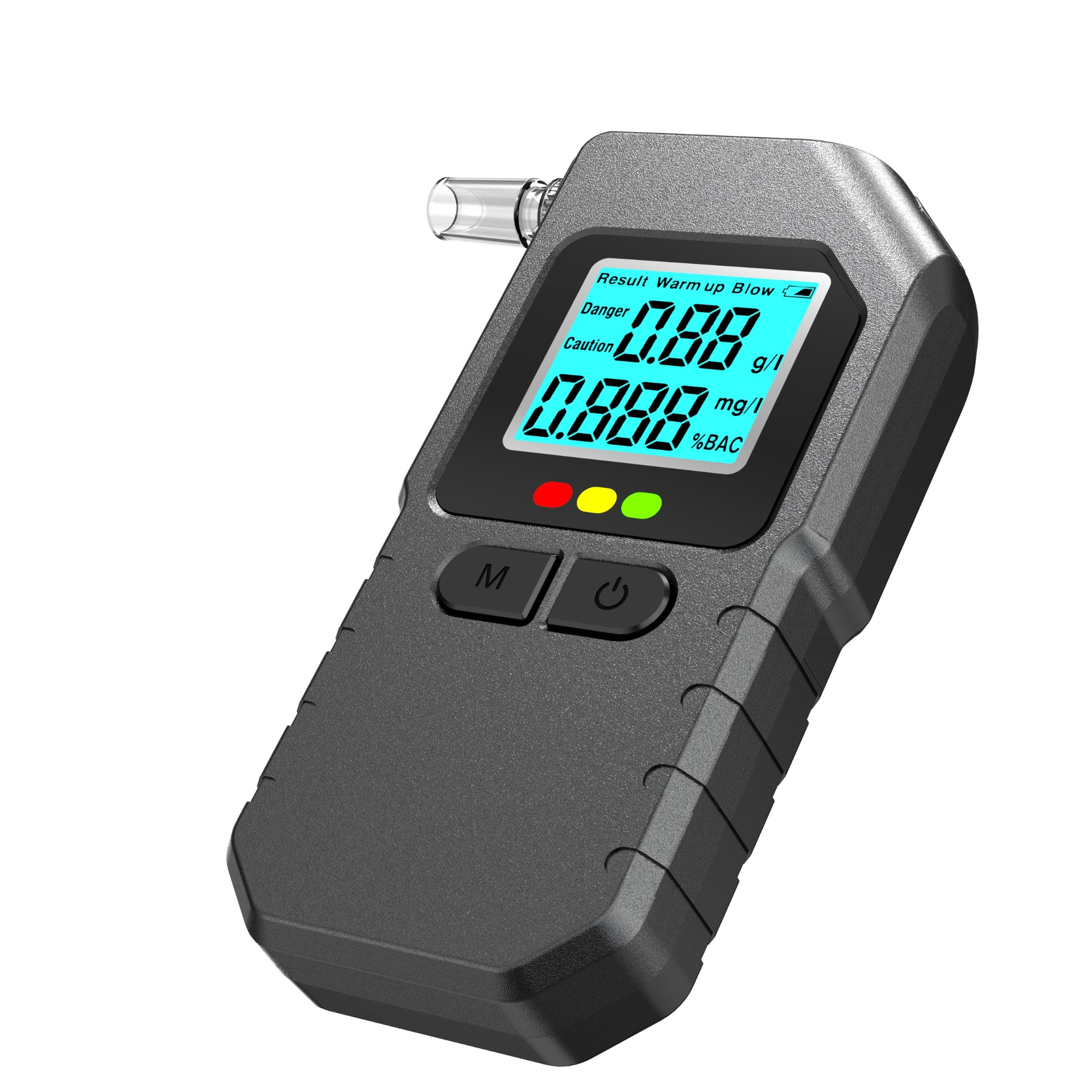 Ein grauer digitaler Atemalkoholtester mit blauem Display, drei Kontrollleuchten und zwei Tasten.