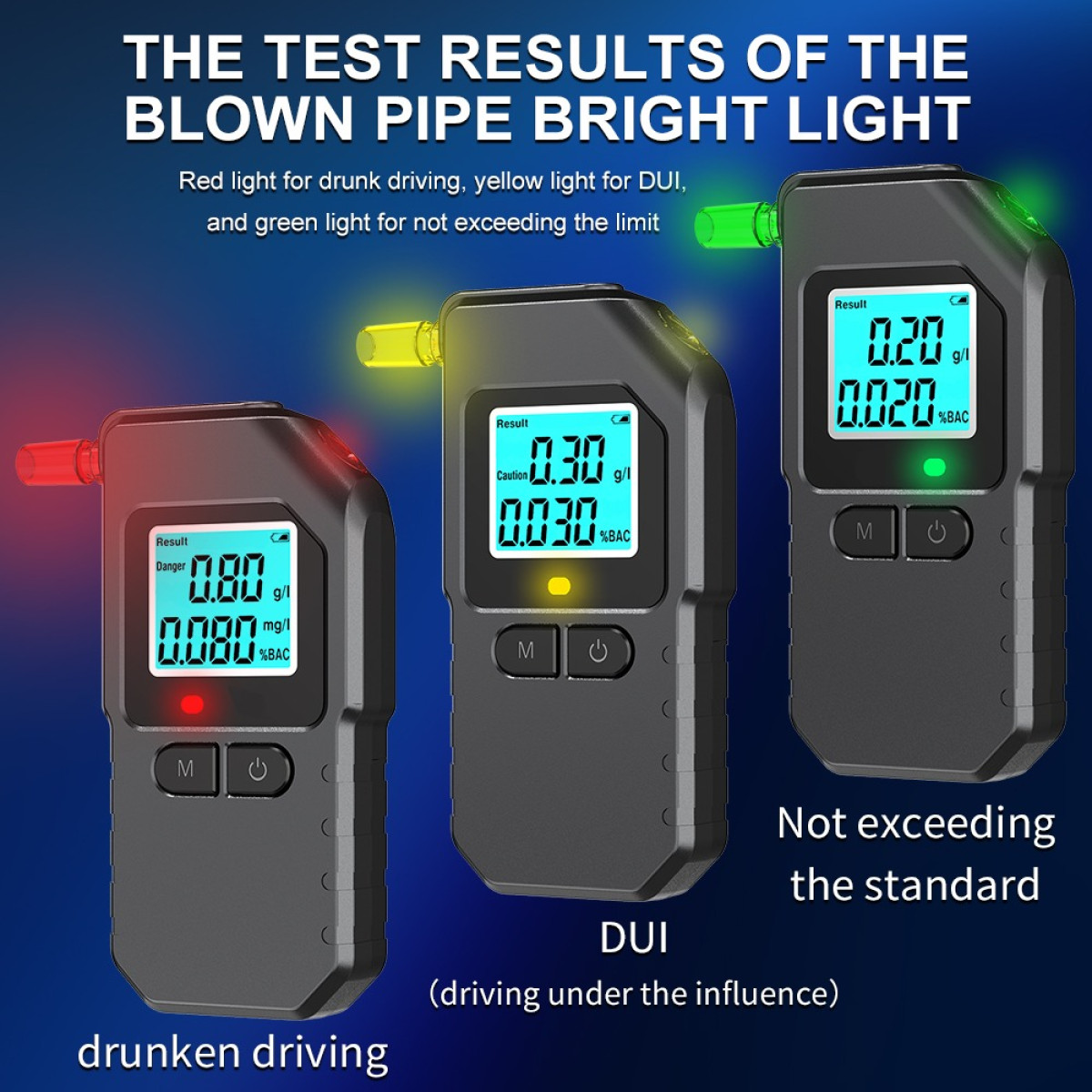 Drei Atemalkoholtester mit roten, gelben und grünen LED-Leuchten zeigen Testergebnisse an.