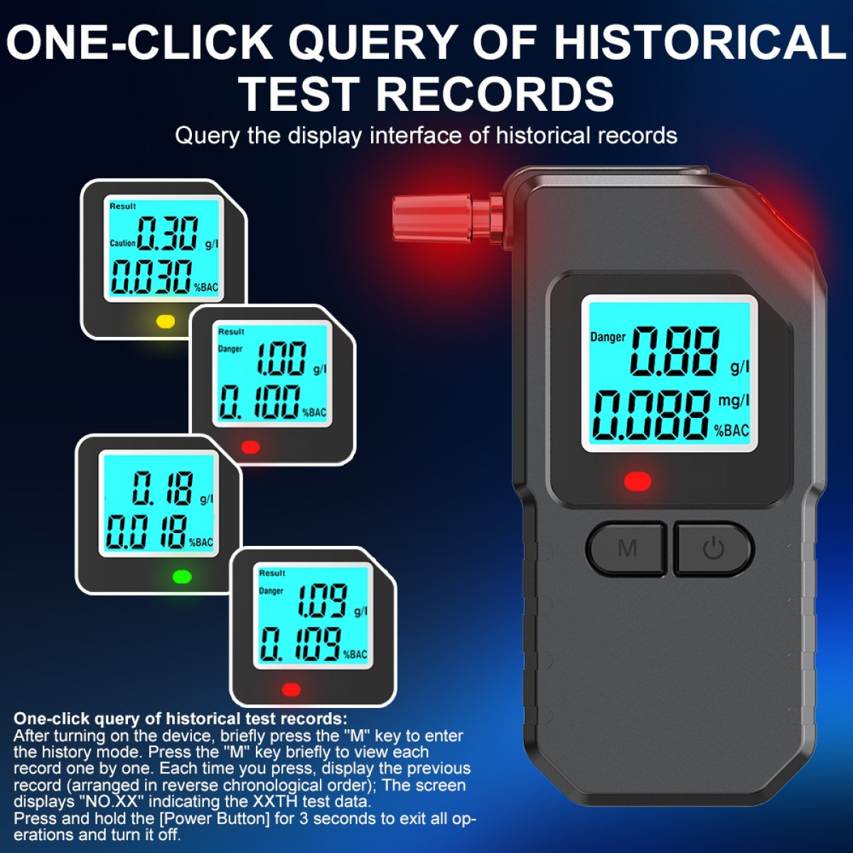 Ein schwarzer Atemalkoholtester mit digitalem Bildschirm zeigt Testergebnisse und Anweisungen für den historischen Abruf.