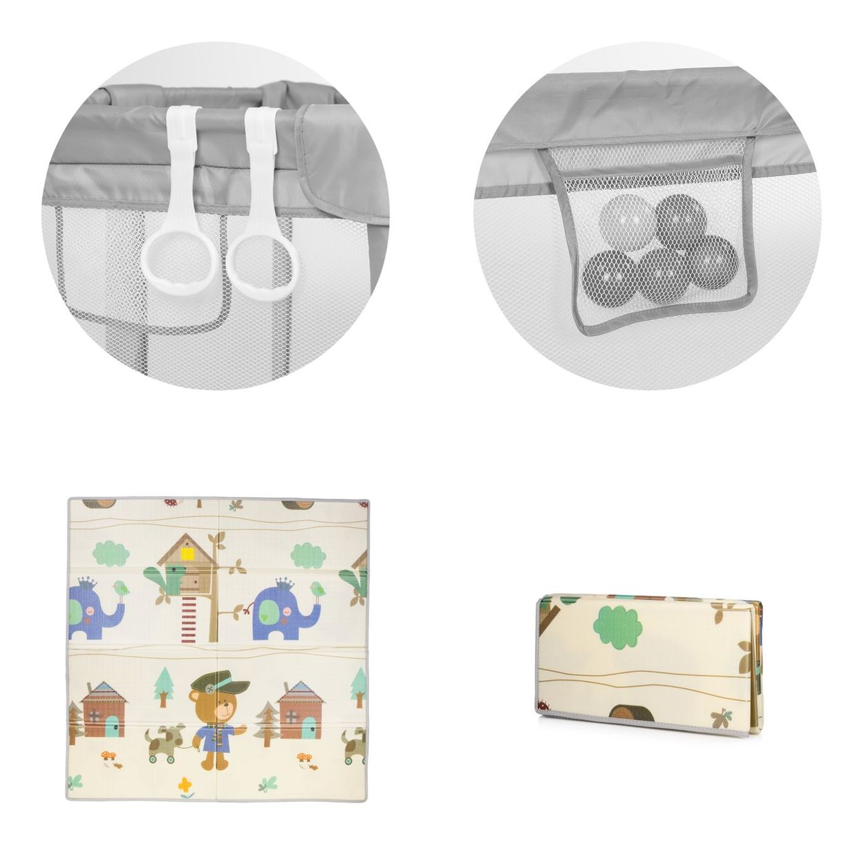 Set zeigt Details eines grauen Laufstalls, Zubehör und eine bunte Spielmatte im Safari-Design, gefaltet und ausgebreitet.