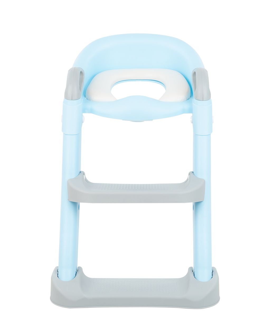 Hellblauer Kindertoilettensitz mit Leiter, grauen Stufen, Griffen und weißem gepolstertem Sitz auf weißem Hintergrund.