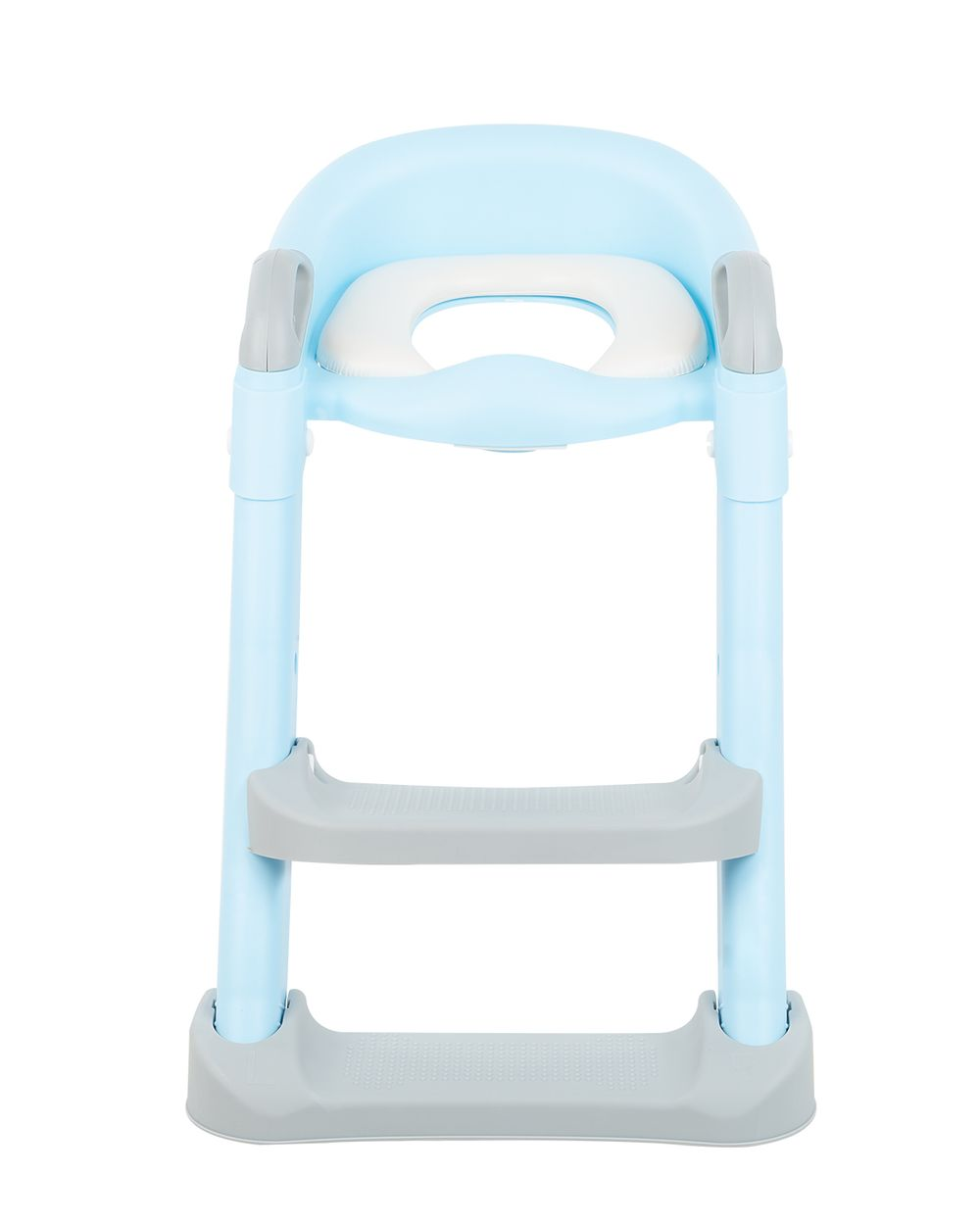 Ein hellblau-grauer Kindertoilettensitz mit Stufen, Griffen und weißem Kissen.