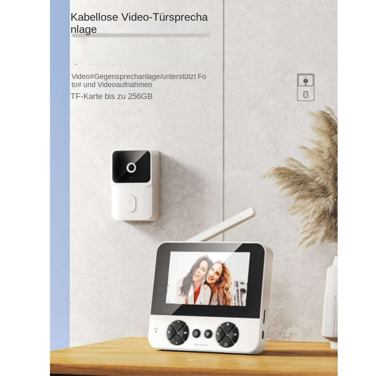 Kabellose Video-Türsprechanlage mit Innenmonitor auf einem Holztisch und Kamera an der Wand.