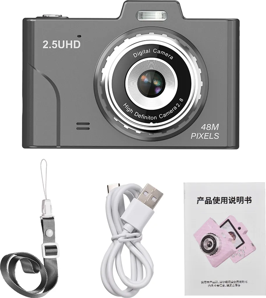 Graue Digitalkamera mit 48 MP, USB-Kabel, Umhängeband und Anleitung.