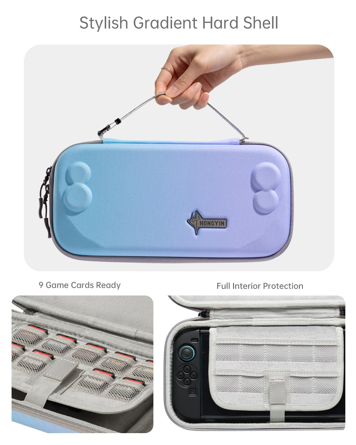 Blaue und violette Gaming-Handtasche mit integrierten Spielkartenschlitzen.