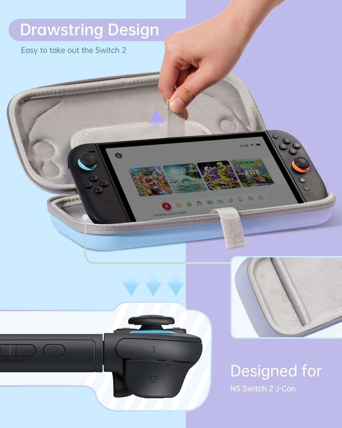 Hand zieht an Lasche einer blauen Hülle mit Nintendo Switch, mit Nahaufnahmen der Steuerung.