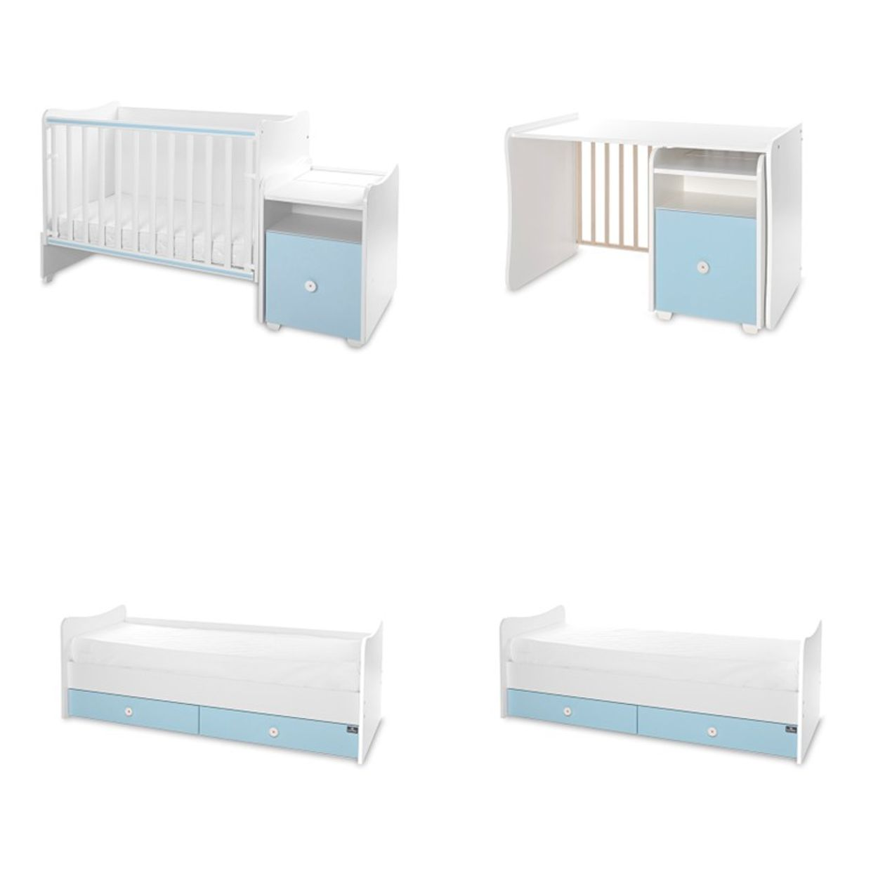 Wandelbares Kinderbett in Weiß und Hellblau mit integrierter Kommode, Schreibtisch und Bett.