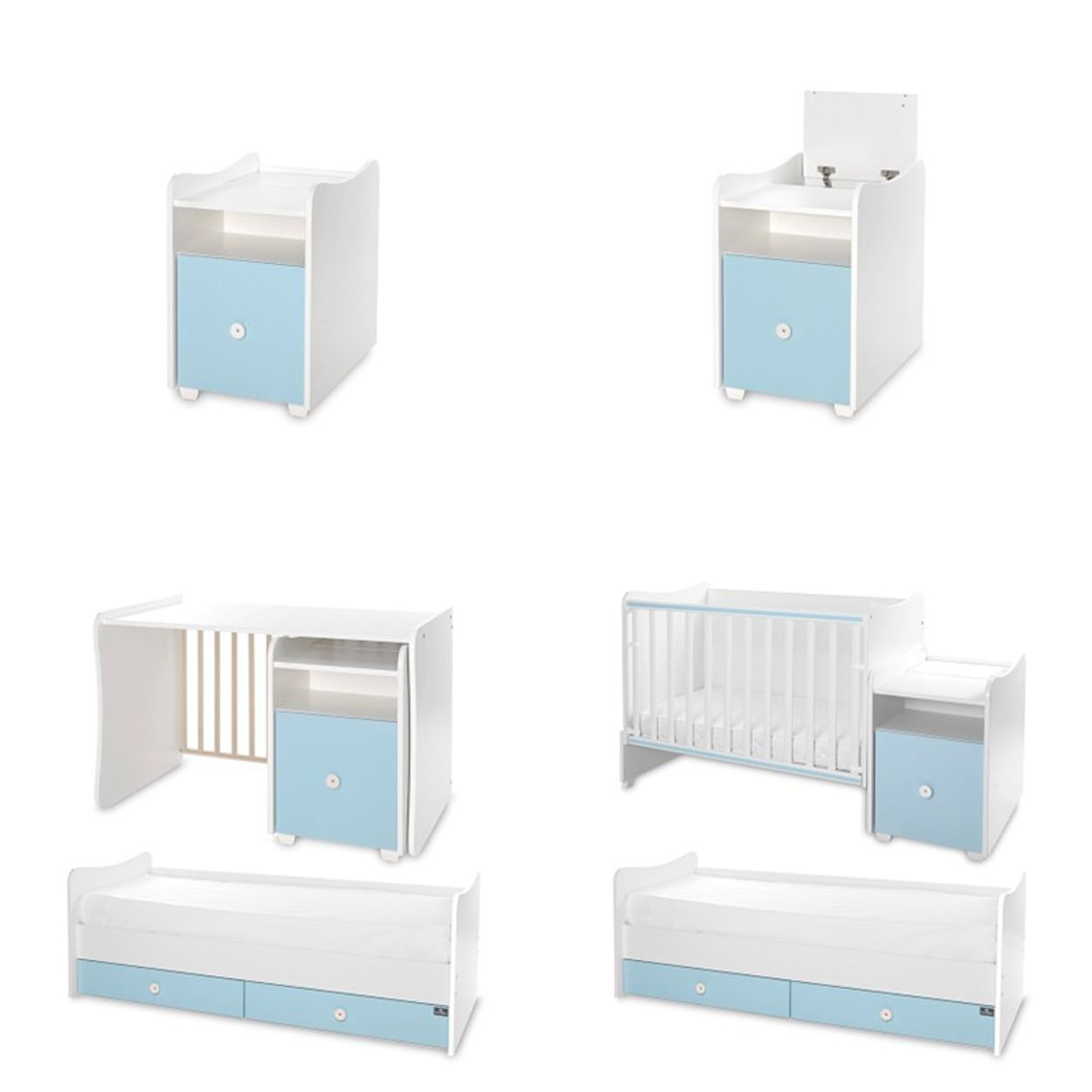 Verschiedene Konfigurationen eines weißen und hellblauen Babybett- und Möbelsets auf weißem Hintergrund.