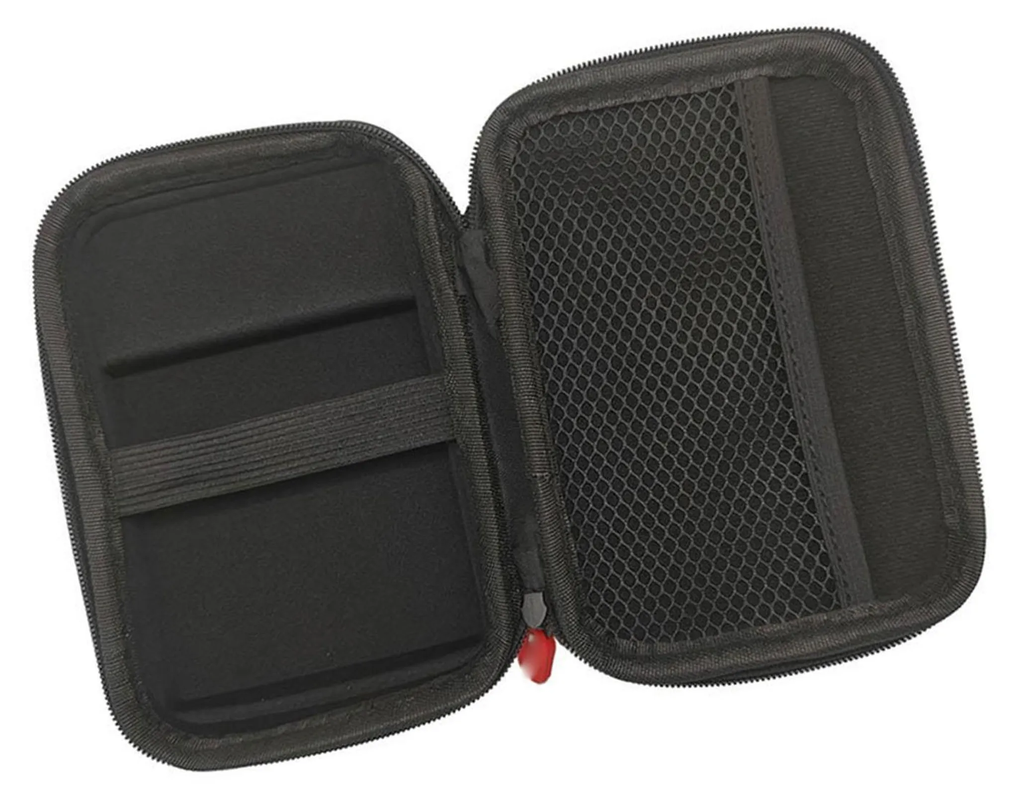 Eine offene schwarze Hartschalen-Reisebox mit Netztasche und elastischen Bändern im Inneren.