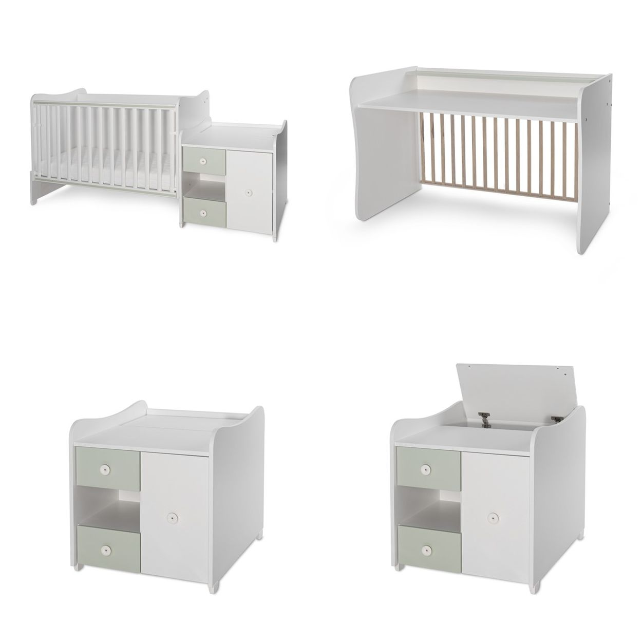 Ein weißes, umbaubares Babybett und Kommoden-Set mit hellgrünen Schubladen in verschiedenen Aufbaustufen.