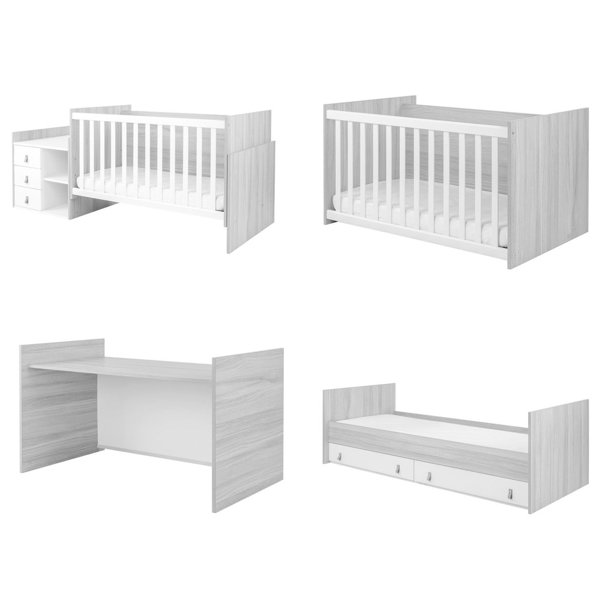 Vier Ansichten eines umbaubaren Babybettes in Holzoptik und Weiß mit integrierten Schubladen und Schreibtisch.