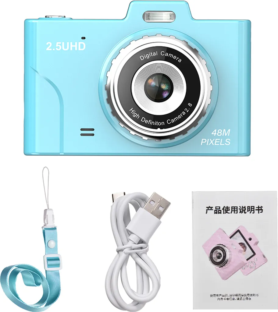 Blaue Digitalkamera mit Trageband, USB-Kabel und Bedienungsanleitung auf weißem Hintergrund.