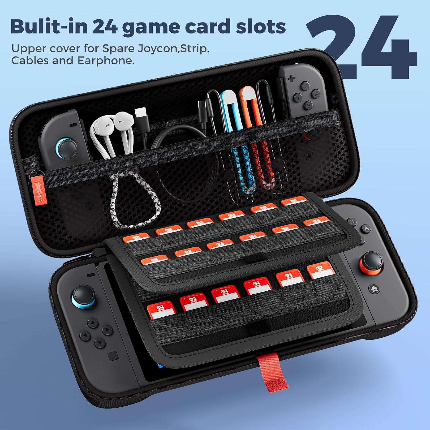 Schwarze Nintendo Switch-Transporttasche mit Zubehoer und 24 Spielkartenschlitzen.