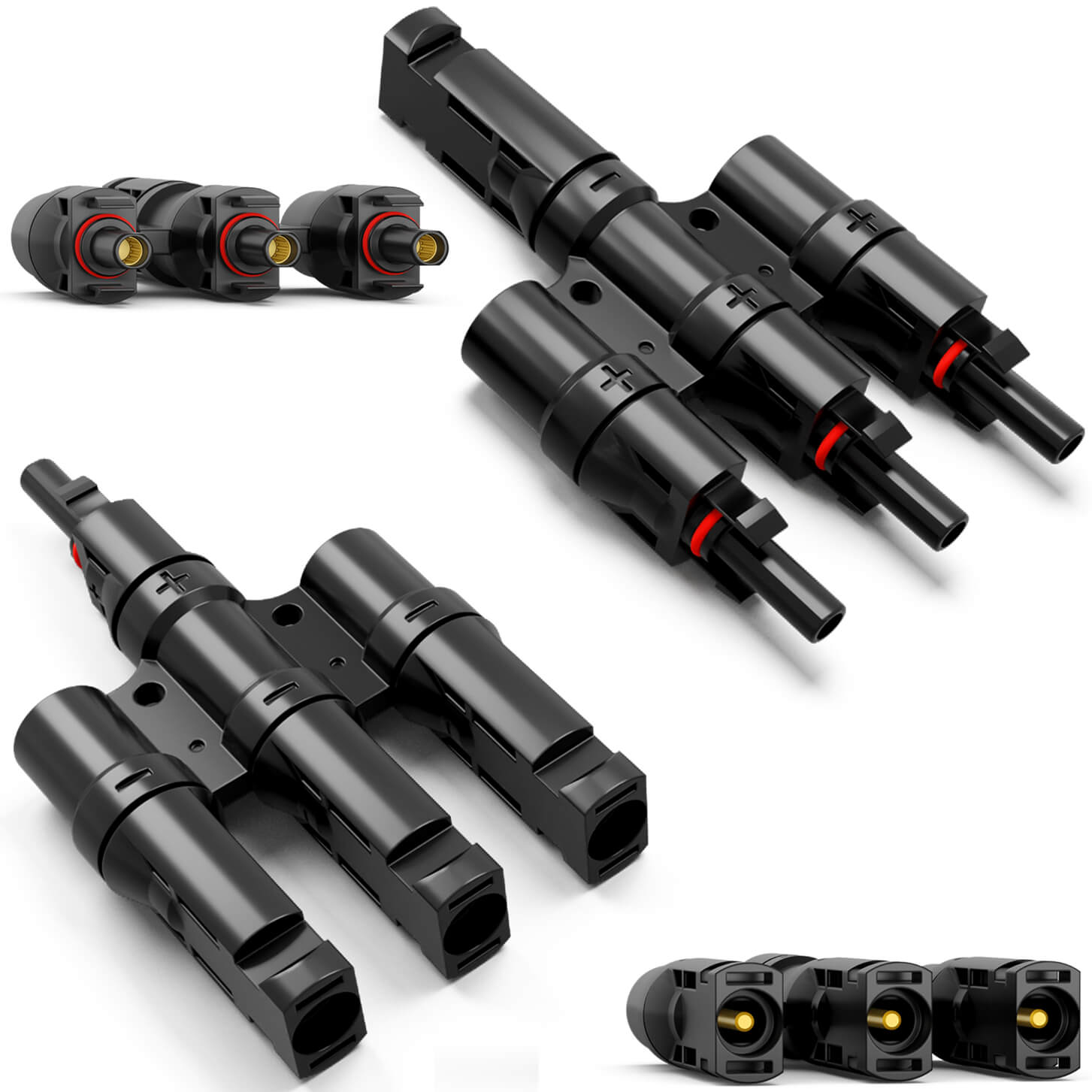 Schwarze Solarkabel-Abzweigverbinder auf weißem Hintergrund.