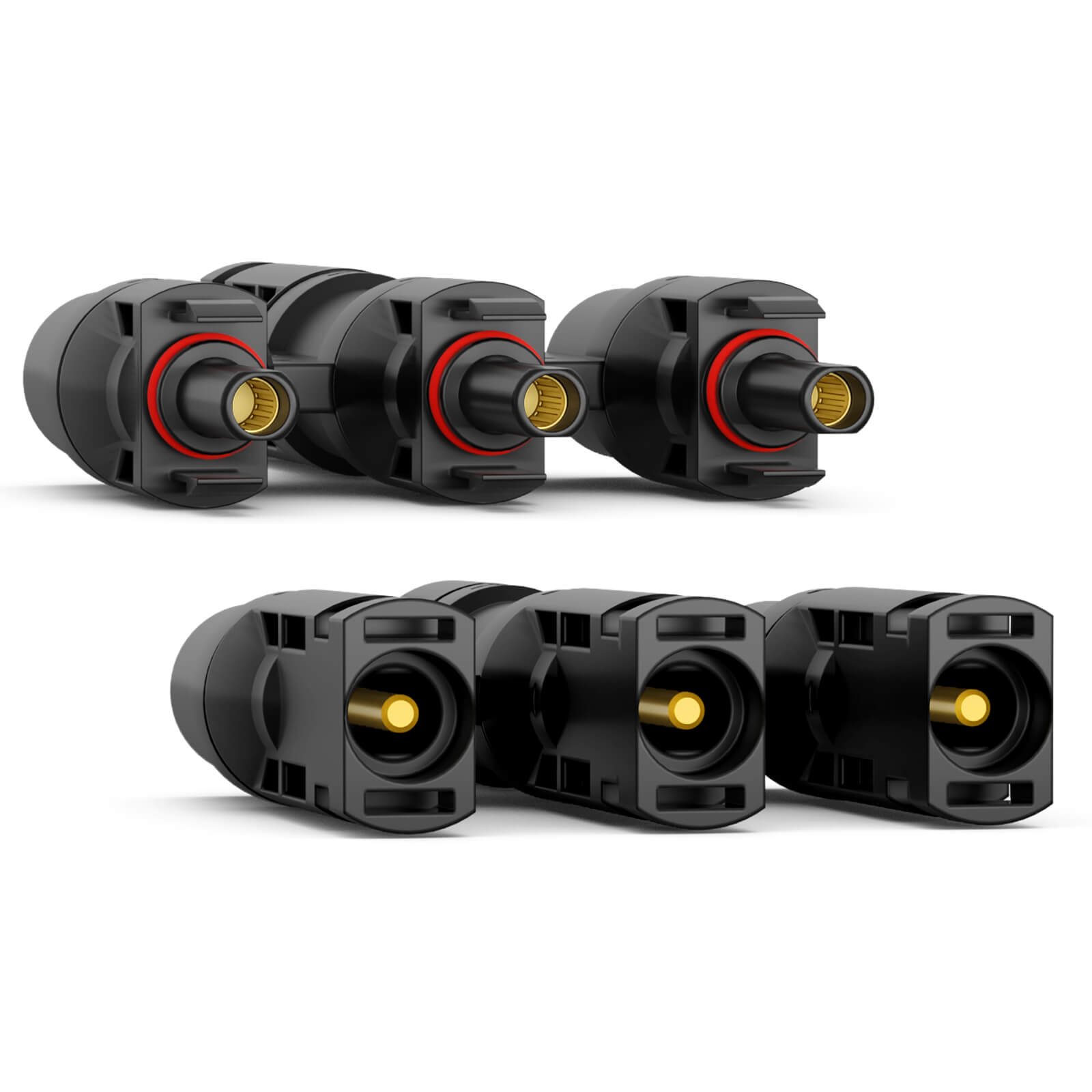 Sechs schwarze Stecker mit goldenen Pins und roten O-Ringen auf weißem Hintergrund.