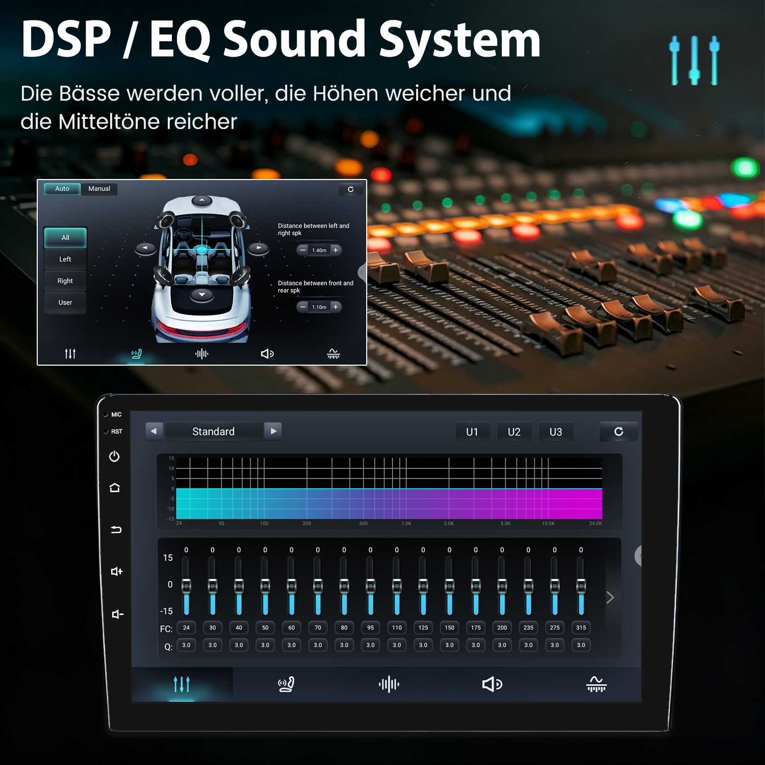 Auto-Multifunktionsbildschirm mit DSP-Sound-Equalizer-Einstellungen und Mischpult im Hintergrund.