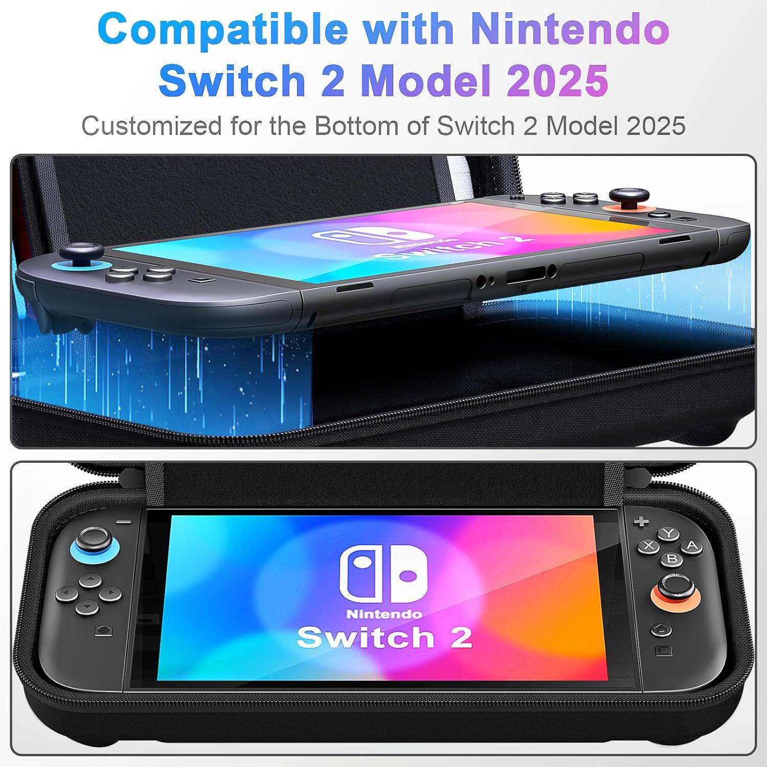 Eine Nintendo Switch 2 in einer schwarzen Tragetasche, mit blau-orangefarbenen Akzenten und buntem Bildschirm.