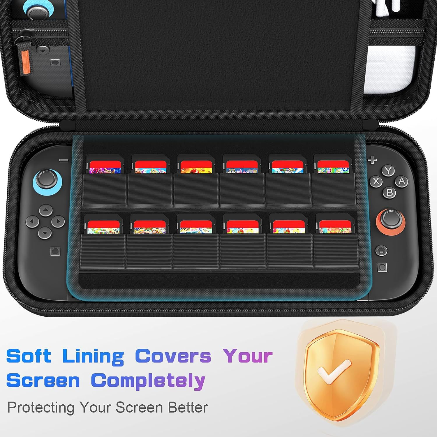 Eine schwarze Tragetasche enthält eine Nintendo Switch Konsole und Spielkarten.