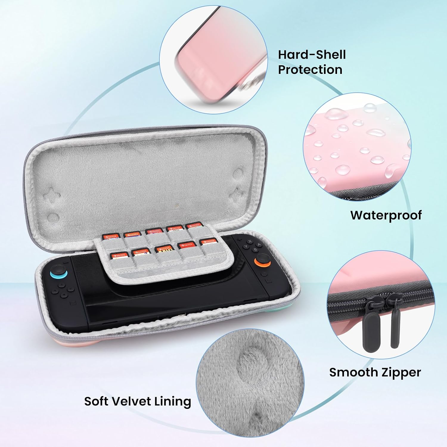Pinke Switch-Hülle mit hartem Gehäuse, weichem Futter, Reißverschluss und wasserabweisender Oberfläche.