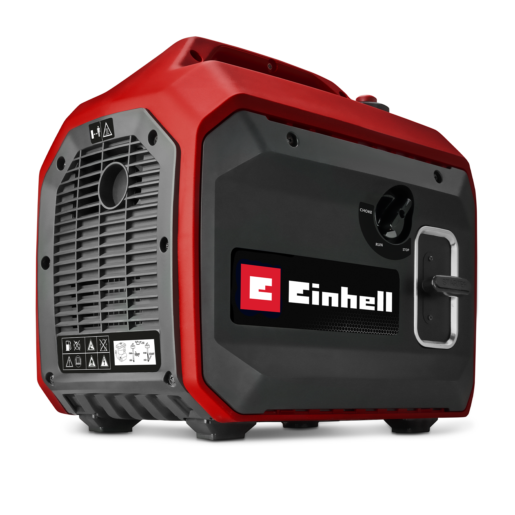 Ein roter und schwarzer Einhell Inverter-Stromerzeuger steht auf einem weißen Hintergrund.