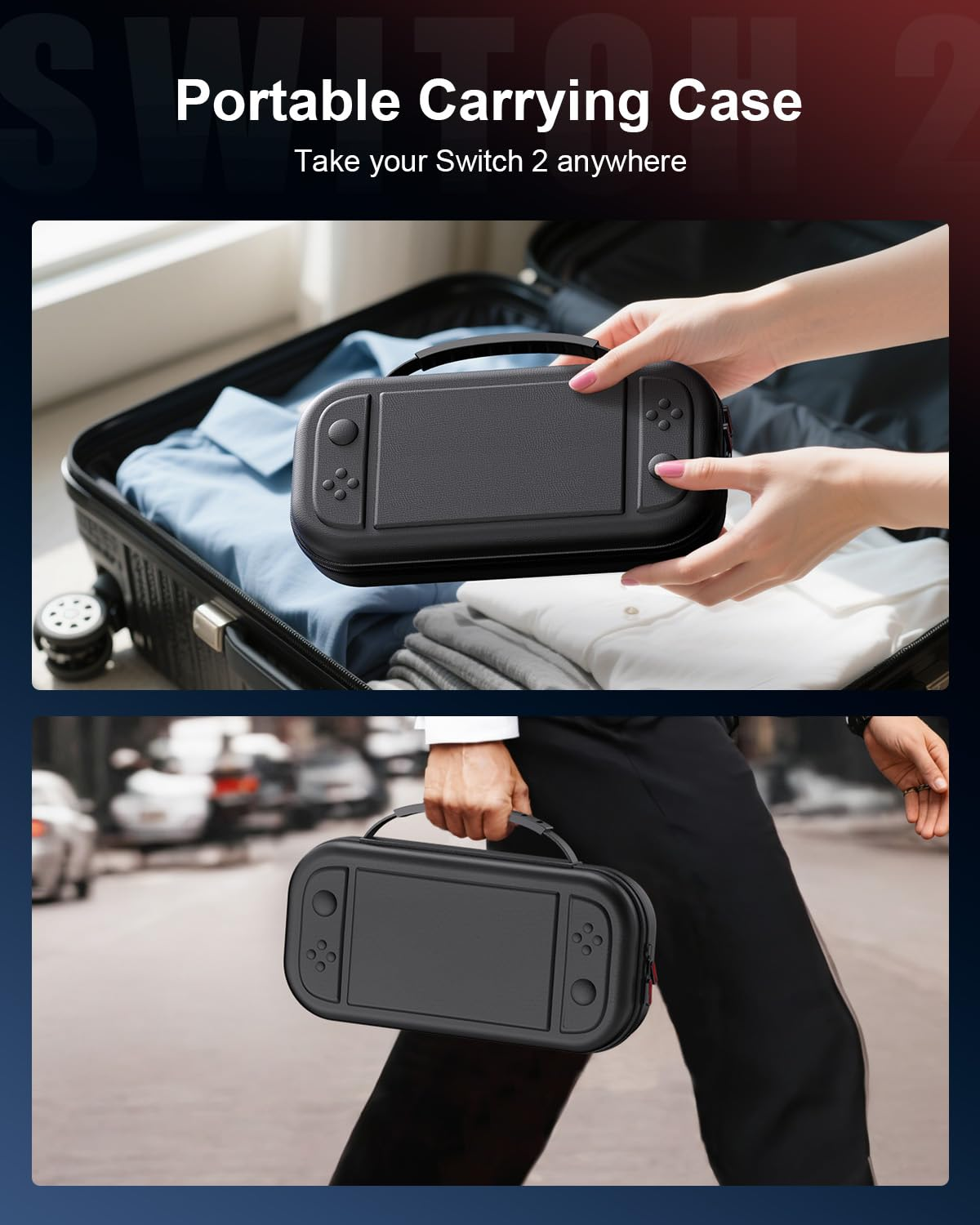 Eine Person packt ein schwarzes Nintendo Switch 2 Etui in einen Koffer und trägt es draußen.