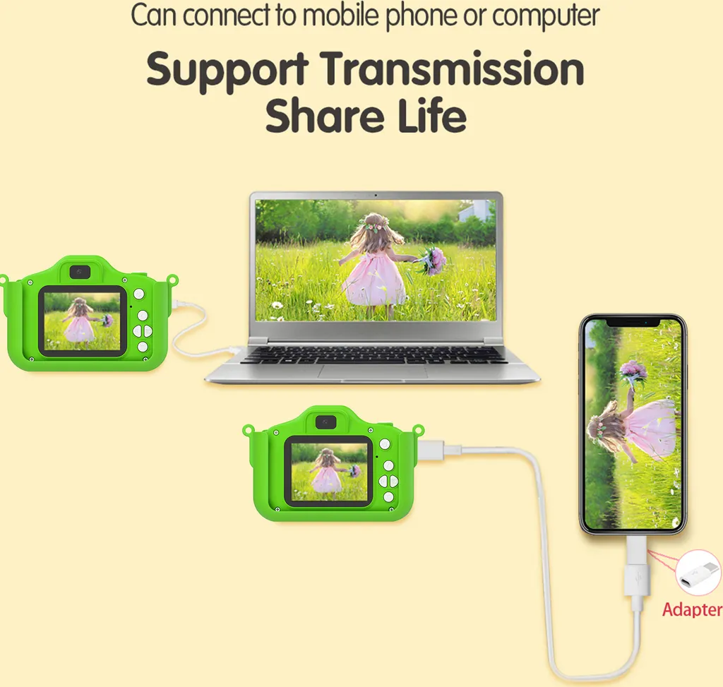 Eine grüne Kinderkamera ist an Laptop und Smartphone angeschlossen, auf allen Bildschirmen ist ein Mädchen zu sehen.