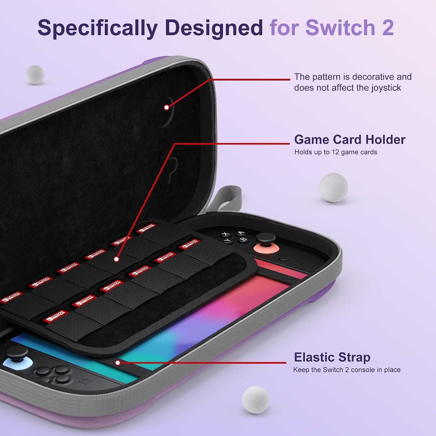 Geöffnete lila Hülle mit Spielekartenhalter und Nintendo Switch 2.