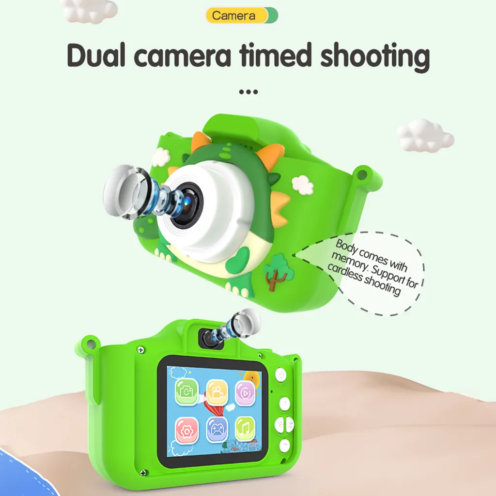 Grüne Kinderkamera mit Dinosaurier-Design, Bildschirm auf der Rückseite und erklärendem Text.