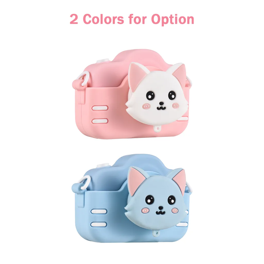 Zwei niedliche Kinderkameras aus Silikon, eine rosa mit weißer Katze und eine hellblaue mit blauer Katze.