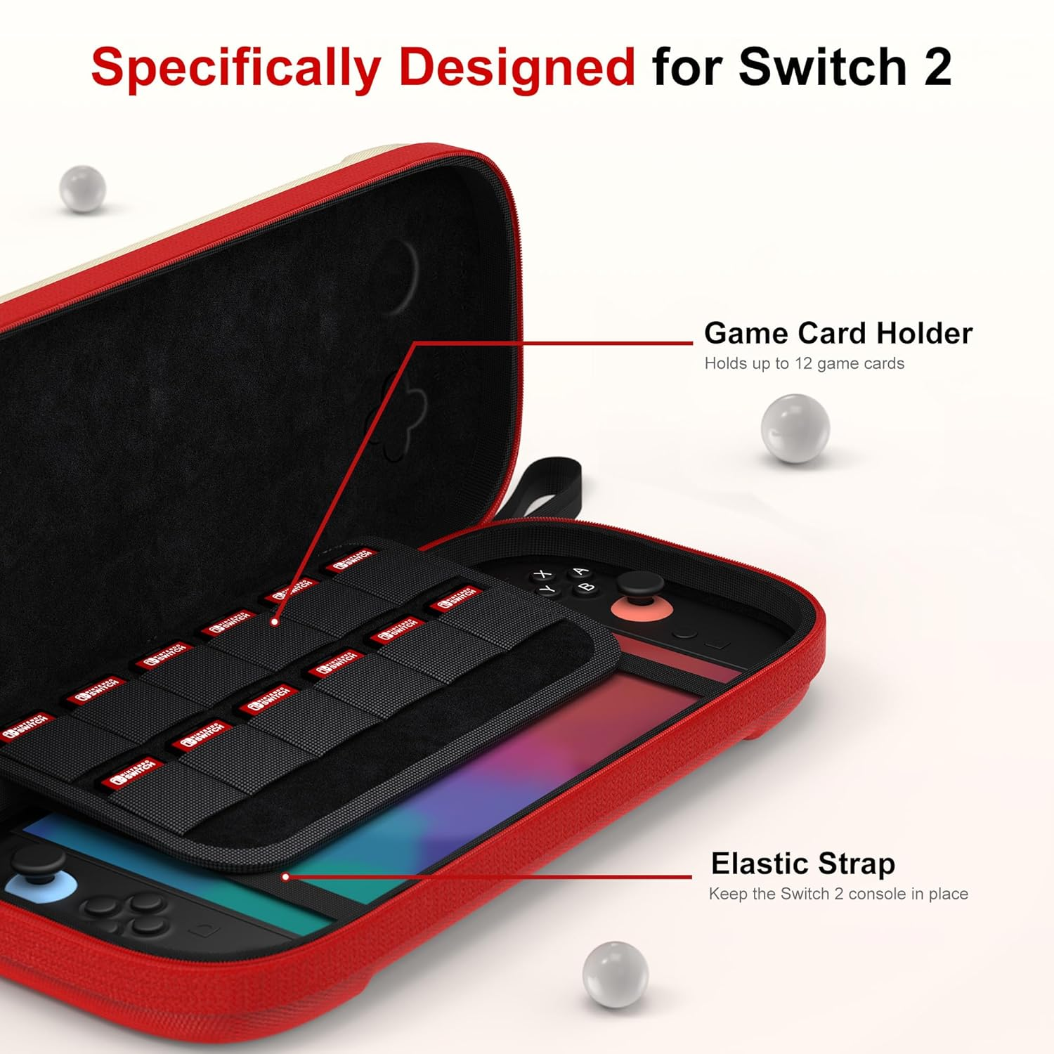 Eine offene rote Switch 2-Tragetasche mit Spielkartenhalter und Gummiband sowie Produkttext-Annotationen.